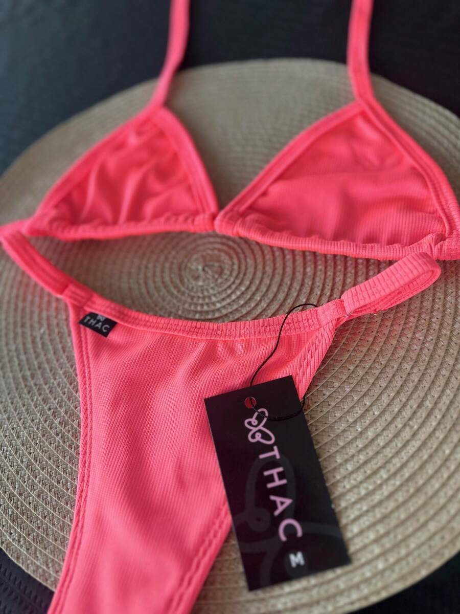 Ribbed, Adjustable Strap Bikini - Màu hồng neon tươi sáng - Xem 1
