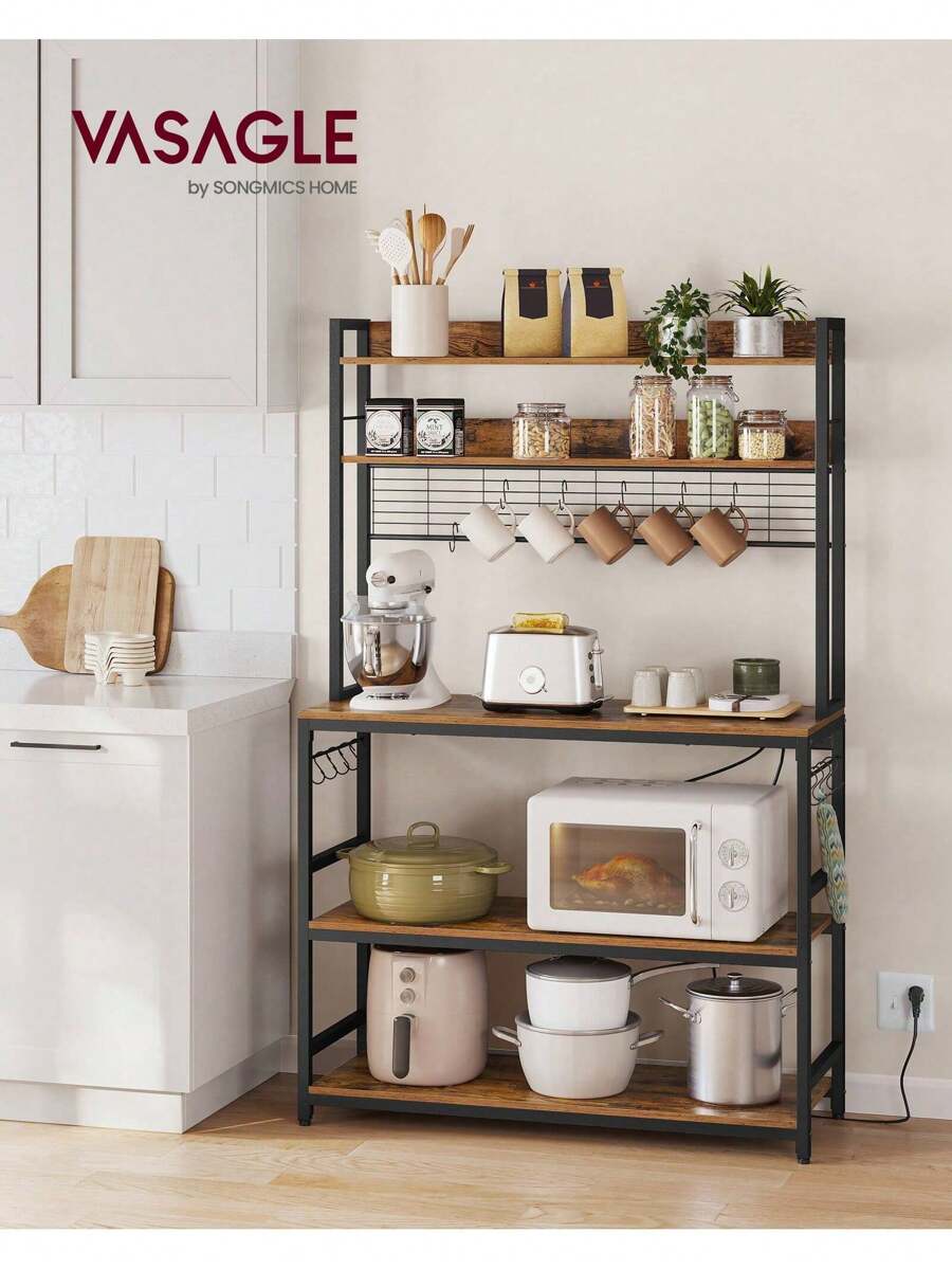 VASAGLE Scaffale Cucina con Multipresa, Scaffale per Microonde, Mobile Cucina, con Pannello a Rete Metallica, 14 Ganci, 40 x 100 x 170 cm, Marrone Vintage e Nero - Spina tipo C UE (220-240 V) - Visualizzare 1