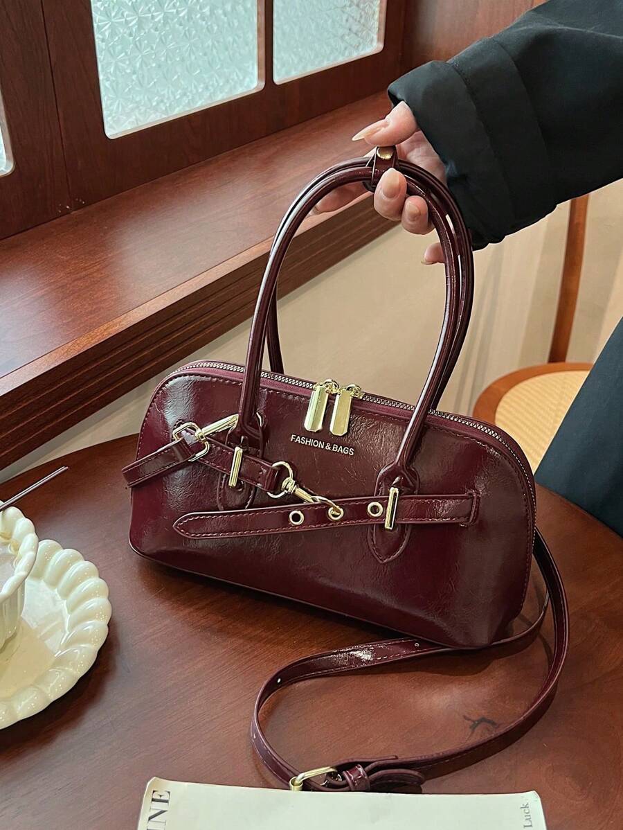 Bolsa Feminina Nova, Bolsa de Motocicleta Vintage Estilo Europeu e Americano com Rebite, Detalhe de Pregueado, Ombro e Bolsa Transversal Sólida Meia-Lua para Mulheres Bolsa de Motocicleta Y2K