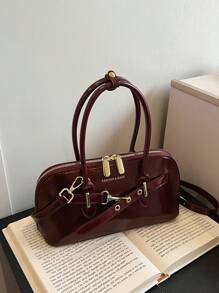 Bolsa Feminina Nova, Bolsa de Motocicleta Vintage Estilo Europeu e Americano com Rebite, Detalhe de Pregueado, Ombro e Bolsa Transversal Sólida Meia-Lua para Mulheres Bolsa de Motocicleta Y2K
