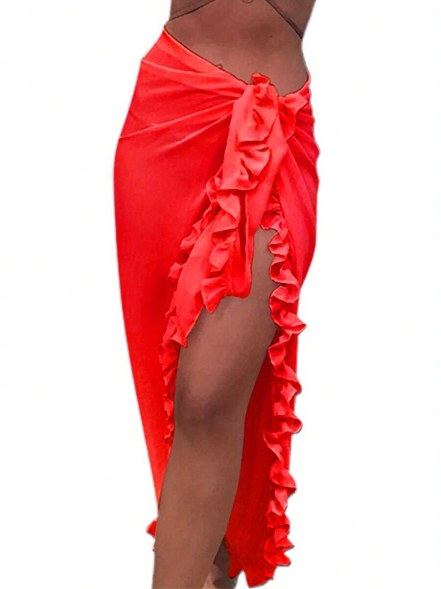 Womens Half Dress, Ruffle Solid Color See Through Summer Beach Holiday Long Half Dress - 紅色 - 查看 1