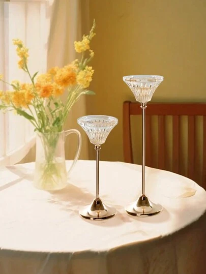 2 件透明烛台，玻璃圆形烛台，用于中心装饰、烛光晚餐拍照道具、结婚纪念日生日约会氛围装饰、餐桌客厅家居装饰、圣诞新年装饰