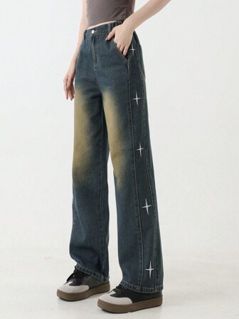 女童复古水洗做旧星星刺绣直筒牛仔裤，休闲阔腿裤，适合春秋季