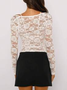 Women Y2K Backless Lace Crop Top Open Back Sheer See Through Going Out Tops With Bra - 白色 - 查看 2