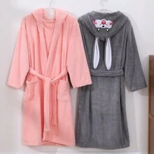 1 pieza Bata con capucha con orejas de conejo de felpa coral, ropa de estar en casa suave, absorbente y cálida para el baño, la piscina, regalo de San Valentín, cumpleaños para novio o novia