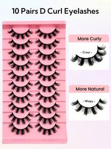 10 Pairs False Eyelashes D Curl Volume Lashes Wispy Natural Faux Mink Eyelashes Dramatic Soft Lash Cross Wispy Reusable Fluffy Strip Lashes Valentine's Day Gift For Women Mom Wife Sister Teen Girl Friend