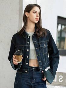 HH Dames Mode Effen Denim Revers Lange Mouwen Jas Top