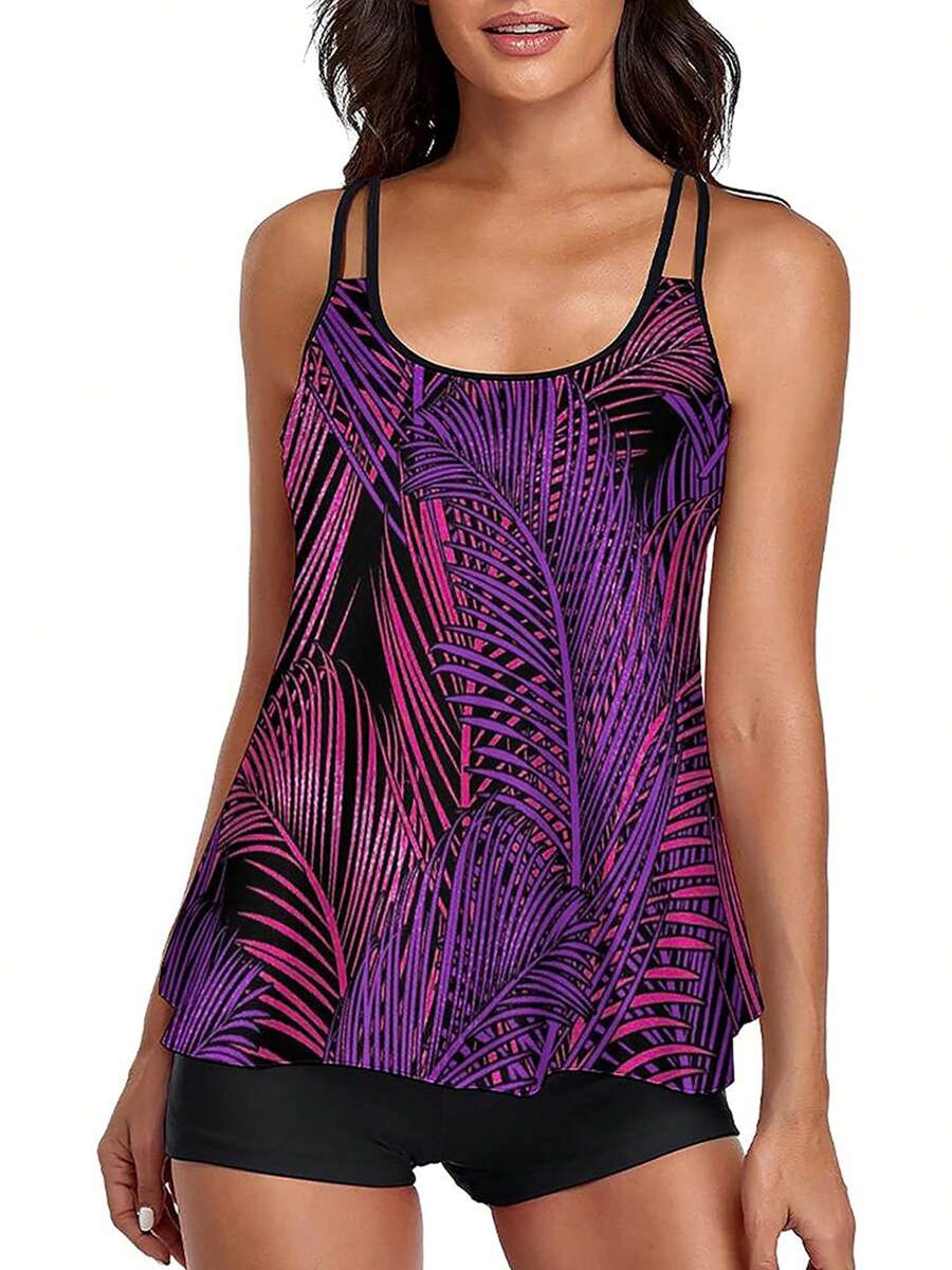 Womens Summer Beach Two Piece Swimsuit Set Fashion Printing Suspender Tops And Solid Color High Waist Swimwear - Purple - View 1