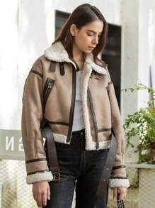 HH Fashion Elegant Women Thickening Warm Zip Coat Female Faux Leather Lambswool Patchwork Sleeveless Casual Jacket