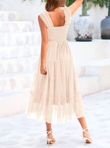 Women's Summer Mid-Length Dress Casual Sleeveless Pleats Ruffled Tulle Flowing New Year Party Wedding Guest Sundress - Màu be - Xem 2