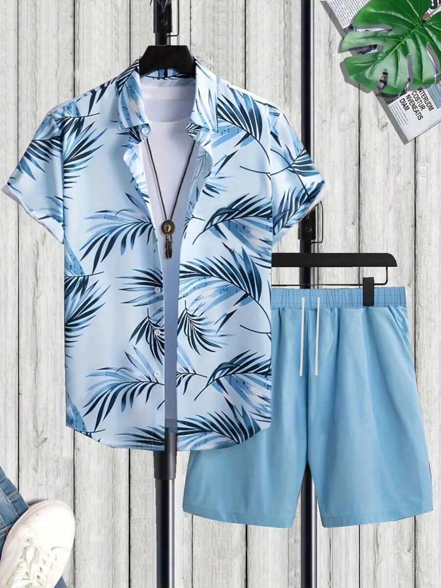 2pcs Men's Casual Summer Set: Tropical Leaf Print Short Sleeve Shirt & Solid Color Drawstring Shorts, Suitable For Outdoor Travel And Vacation - Baby Blue - View 1