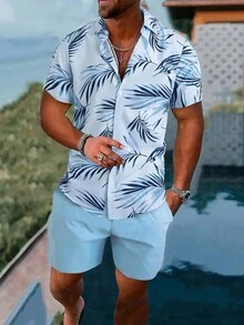 2pcs Men's Casual Summer Set: Tropical Leaf Print Short Sleeve Shirt & Solid Color Drawstring Shorts, Suitable For Outdoor Travel And Vacation - Baby Blue - View 3