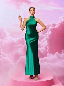 MOEVIO 优雅女士露背缎面系带无袖紧身及膝正式伴娘晚会婚礼宾客礼服，适合青少年毕业返校节鸡尾酒度假礼服