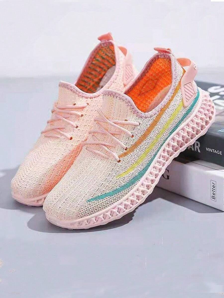 New Spring, Summer And Autumn Women's Tricolor Stripe Casual Sports Shoes, Mesh Fabric Fashion Athletic Sports Shoes, Modern, Lightweight, Breathable And Comfortable - 粉色 - 查看 1