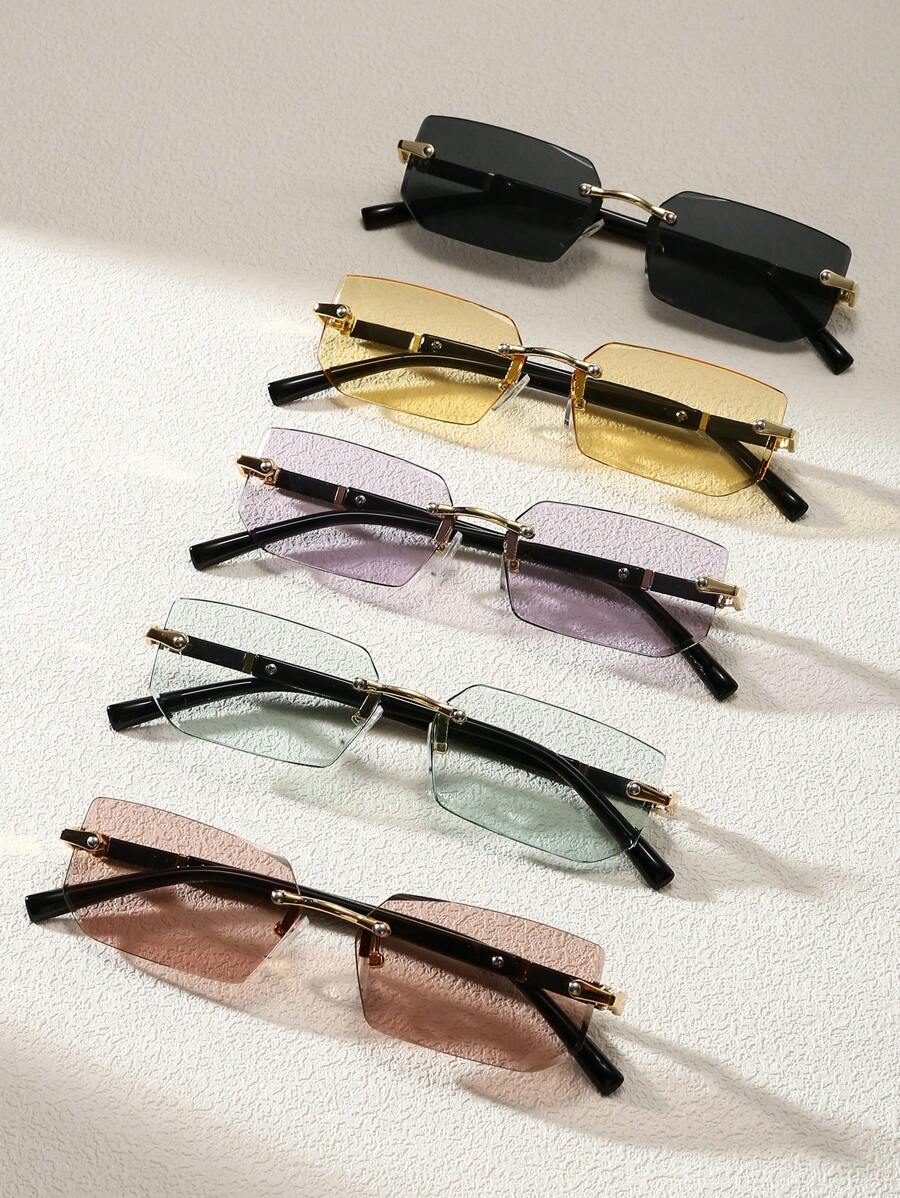5pcs Unisex Small Black Frame Rimless Y2K Fashion Glasses For Summer Beach Driving For Summer Beach Vacation,Outdoor,Travel Back To School Fashionable Preppy School Look - Multicolor - View 1