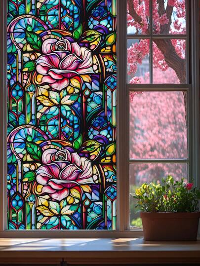 1卷复古磨砂加厚粉色大花彩色几何玻璃贴膜波西米亚风格DIY家居装饰免胶静电吸附半透明隔热遮阳防晒窗户贴纸适用于家庭浴室门3D彩色玻璃贴膜玻璃贴纸