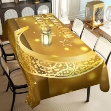 1 Stück Ramadan Kareem Polyester Tischdecke, Design mit goldenen Mond und goldenen Text, rechteckige waschbare Tischdecke, Ramadan Themen Party Dekoration Tischdecken, für Picknicks, Camping, Hochzeiten, Geburtstagsfeiern