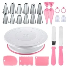 24pcs Stainless Steel Piping Tips Cake Turntable Set, Including 12 Piping Tips, 1 Cake Turntable, 2 Reusable Piping Bags, 2 Silicone Rings, 2 Converters, 2 Cream Scrapers, 3 Cream Scraper Patterns, For Cake Decorating And Baking, Creams, Biscuits, And Kitchen Gadgets - 24pcs - View 12