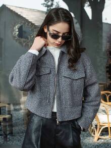 HH 女士外套灰色带口袋翻领长袖拉链夹克时尚女士高街淑女装 - 灰色 - 查看 9