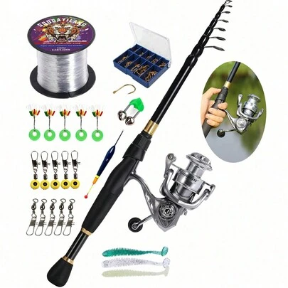 SOUGAYILANG Spinning Fishing Rod And Reel Set,1.8-2.4M Telescopic Fishing Rod & 5.2:1 Gear Ratio Spinning Reel,Portable And Lightweight Combo,Suitable For Freshwater And Saltwater Fishing.(Fishing Line Color And Size Are Random)
