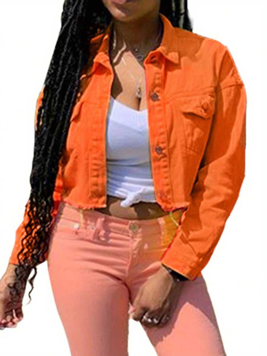 Abrigo corto de mezclilla para mujer, chaqueta de manga larga con solapa, color liso, con botones y bajo desgastado. - Naranja - Ver 1