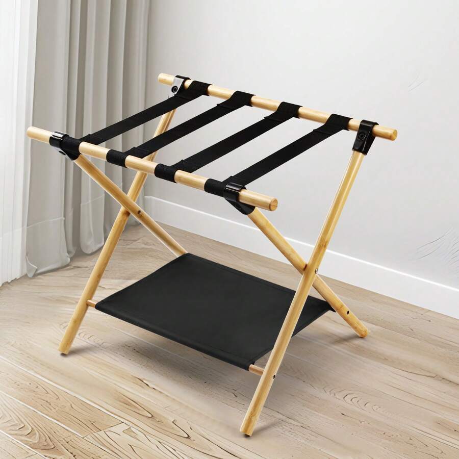 Bagażnik bambusowy, odpowiedni do sypialni, pokoju gościnnego, hotelu - Naturalny bambusowy składany regał do przechowywania - Domowy regał do przechowywania - Składany bagażnik z wytrzymałym paskiem na ramię