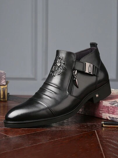 男士踝靴，狮子浮雕设计，拉链和扣环装饰，正式商务休闲正装鞋