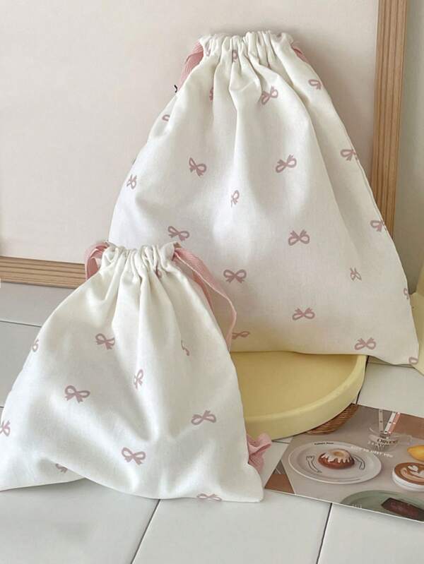 Pink/Blue/Black Bow Printed Storage Bag Drawstring Bag, Wedding And Festival Gift Packaging Bag, Candy Bag