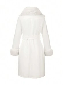 Abrigo largo de lana con cinturón para mujer para otoño/invierno - Elegante y de exteriores para uso casual - Blanco - Ver 8