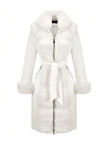 Abrigo largo de lana con cinturón para mujer para otoño/invierno - Elegante y de exteriores para uso casual - Blanco - Ver 2