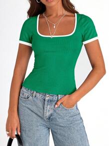 Women's Summer Short Sleeve T-Shirt Ribbed Knitted Square Collar Matching Color Slim-Fit Basic Base Casual Short Top - màu xanh lá - Xem 4
