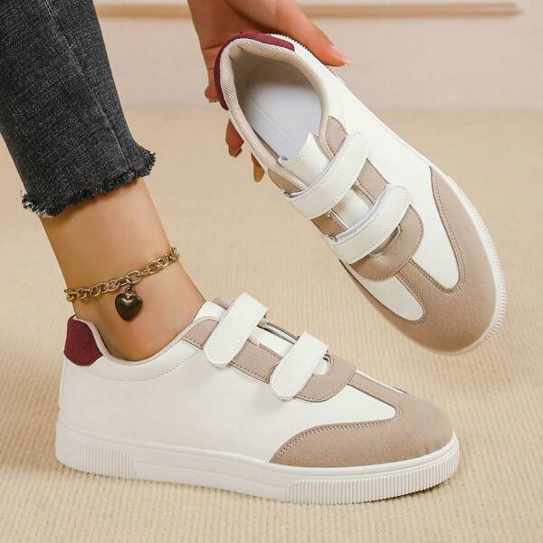 Women's Khaki Patchwork Casual Sport Sneakers With Dual Hook And Loop Closure, Flat Low Heel, Non-Slip, For Everyday Wear
