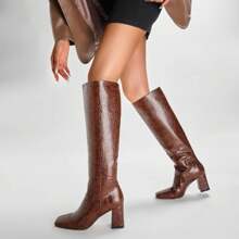 Pasuot Women's Brown Faux Crocodile Knee High GoGo Boots - Chunky Heel, Square Toe, High Heel, For Riding - Brown - View 1