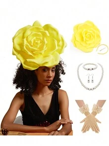 5 قطع مجموعة قبعات الزهور الفاسنيتور لحفلات الشاي للنساء، قبعة الفاسنيتور بشكل وردة لسباق كنتاكي ديربي، طقم قلادة وأقراط، قفازات وقبعة للزفاف وعيد الهالوين