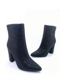 REVREAL Sparkling Rhinestone Ankle Boots for Women – Pointed Toe, Block Heel, Side Zipper