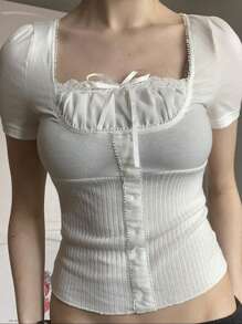 Women T-Shirt Square Neck Short Sleeve Patchwork Summer Tops Streetwear For Casual Daily - 白色 - 查看 2