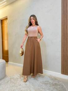 IN FASHION WOMEN'S LONG TAILORING HIGH WAIST SKIRT - 棕色 - 查看 4