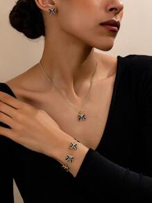 1 pieza Collar con lazo negro de aleación con recubrimiento 3D de moda, 1 pieza Pulsera de aleación con recubrimiento 3D de moda, 1 pieza Aretes de botón de aleación con recubrimiento 3D de moda, regalo del Día de San Valentín, mamá, madre, Día de la Madre