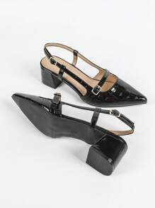 女士尖头粗跟露背时尚凉鞋 - 黑色 - 查看 6