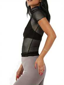Women's Slim Sheer Mesh Tops Solid Color Short Sleeve High Neck T-Shirt For Spring, Summer - Black - View 3