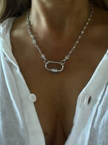 2pcs/1pc Diamond Inlaid Carabiner Necklace, Chain Necklace, Gold Chain Necklace, Cubic Zirconia Inlaid Necklace, Carabiner Necklace. Gold Or Silver - Yellow Gold - View 8
