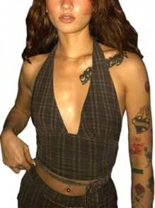 Women's Camisole, Sexy Sleeveless Backless Plaid Halter Sling Tops For Vacation Dating Party Travelling - 灰色 - 查看 3