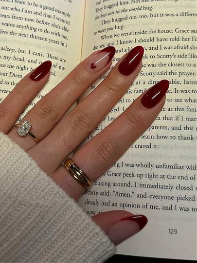 24pcs Almond Shaped Nail Stickers Set, Romantic Red French Style With Heart Pattern - Glossy Finish, Includes 1pc Jelly Gel And 1pc Matte Strip, Suitable For Women's Party, Ball, Casual Wear And Valentine's Day, Adds Romantic Atmosphere. Removable And Reusable. Nails Nail Supplies