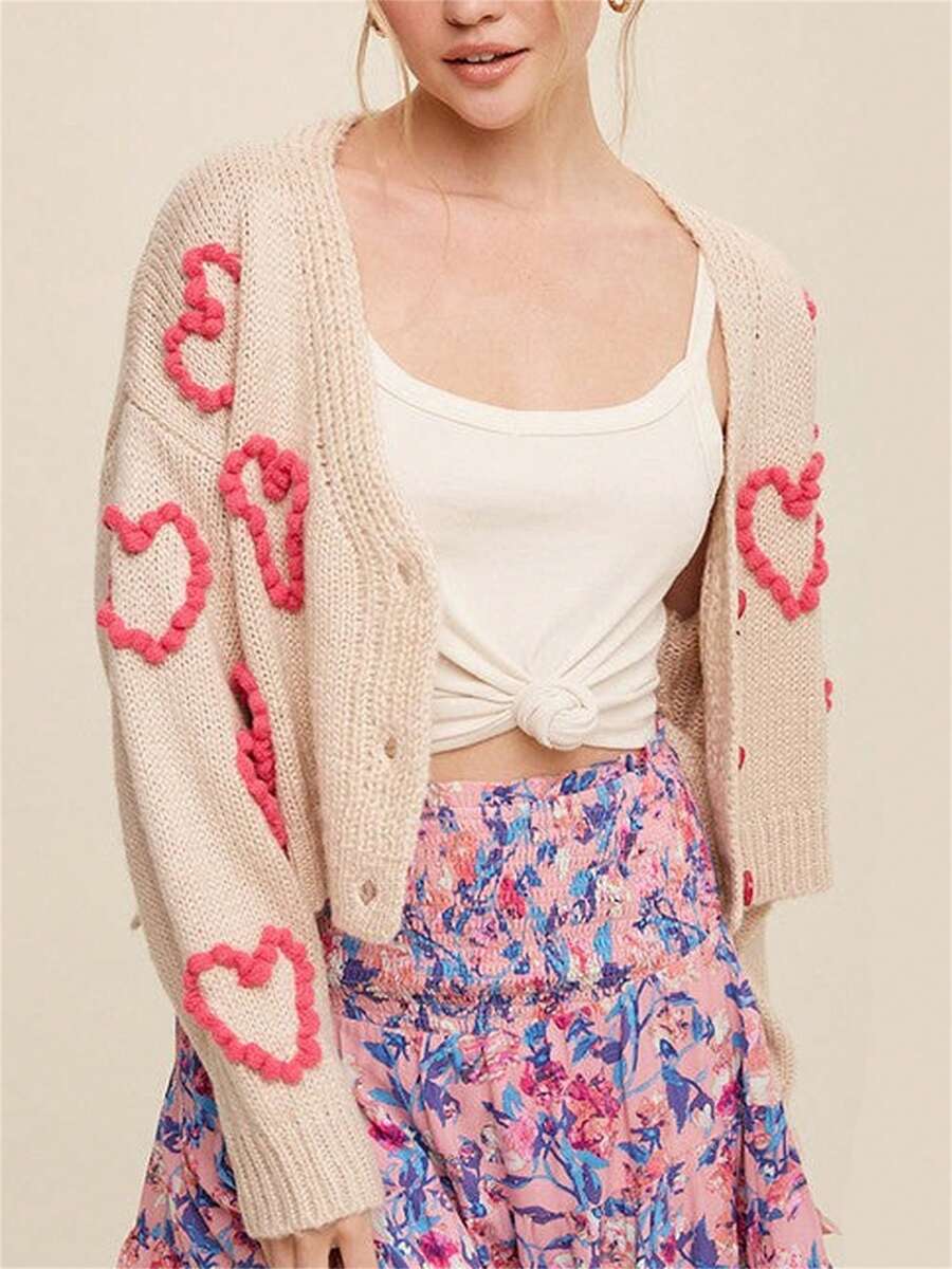 Women Button Up Sweaters Casual Heart Crochet Cropped Long Sleeves Knit Cardigans Warm Fall Knitwear For Streetwear - Turmeric - View 1