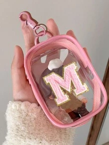 Portable Mini Transparent Zipper Storage Bag, Towel Embroidered Letter, Small Multi-Function Storage Bag, Earphone & Charger Storage Box With Keychain, Transparent Travel Accessories, Exquisite And Compact, Suitable For Storing Small Items, Cable Storage Bag, Bracelet Pouch - Pink - View 8