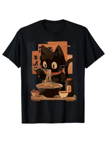 Lindo gato comiendo ramen gráfico - Camiseta de manga corta de algodón estampada para hombre 190gsm 3YDE - Negro - Ver 2
