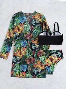 Conjunto de Maiô Biquíni Feminino+Saída De Praia Quimono,3 conjuntos de Biquíni com Estampa de Plantas e Kimono para o Verão na Praia