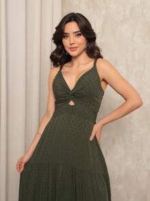 Long Dress With Straps And Popcorn Viscose Cups - 軍綠色 - 查看 4