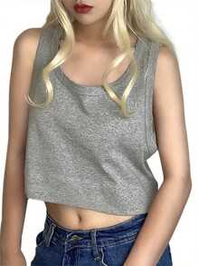 Women's Vest Solid Color Sleeveless Wide Shoulder Straps U-Neck Loose Comfortable Breathable Short Top - Grey - View 3