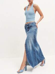 Women Y2K Scoop Neck Halter Crop Top Backless Sleeveless Knit Rib Basic Cami Tank Tops Summer Fall Causal Going Out Streetwear - Blue - View 3